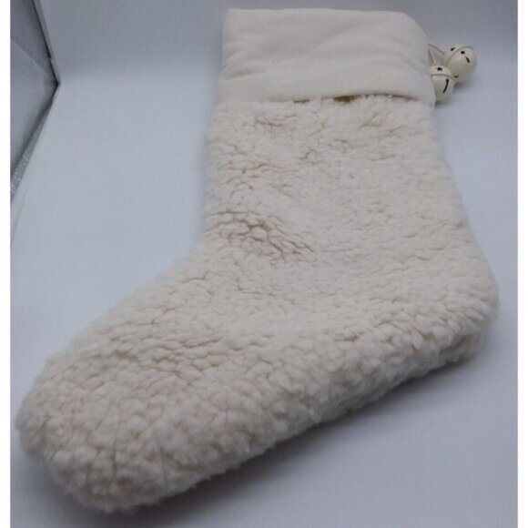 Pottery Barn Kris Faux Sheepskin with Bells Christmas Holiday Stocking Cream - Picture 8 of 10
